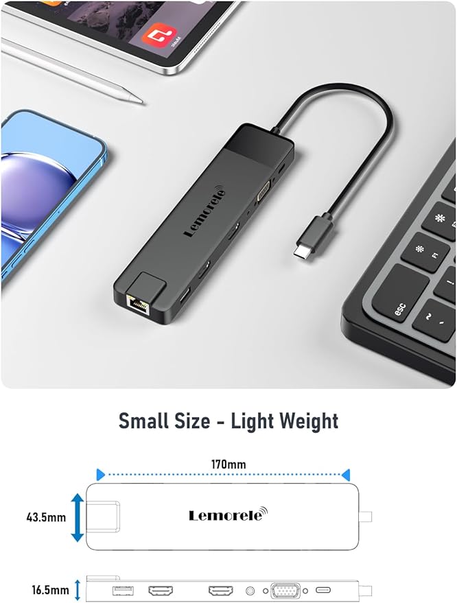 Lemorele Estación de Acoplamiento USB C 13 en 1 para 3 Monitores, 2 HDMI 4K miniatura 8