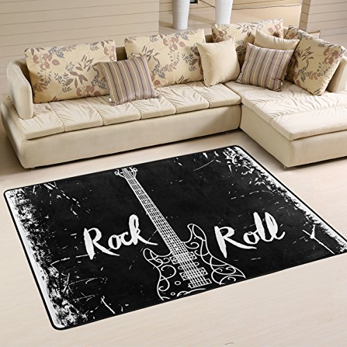 Coosun Guitare électrique et inscription Rock Roll On Grunge Fond Zone Tapis Moquette antidérapant Tapis de sol Paillasson pour salon Chambre à coucher 91.4 x 61 cm,...