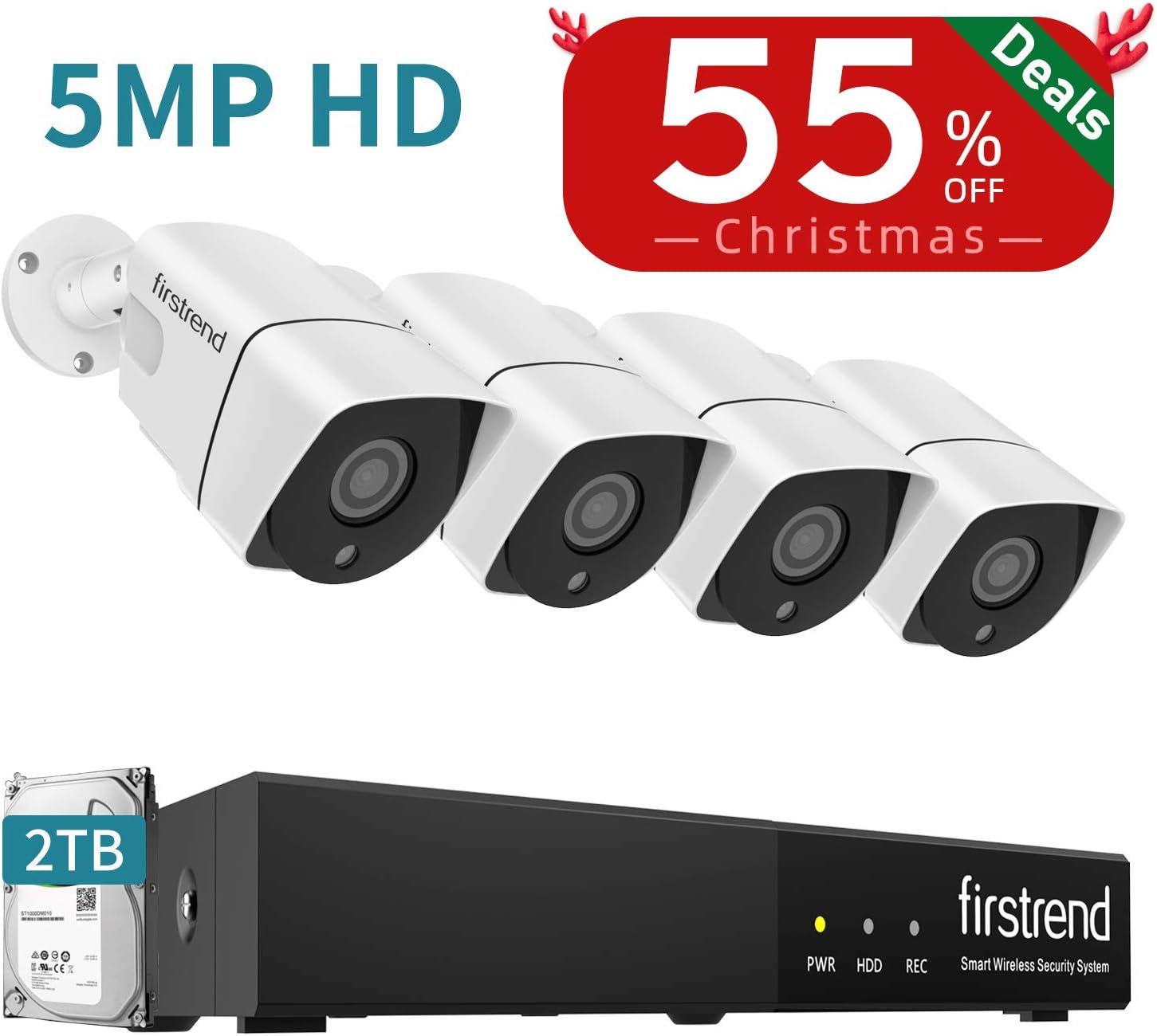 PoE Camera System 5MP,Firstrend Security Camera System PoE with 4pcs 1920P IP Security Cameras P2P PoE Home Security System with 2TB Hard Drive Night Vision Free App