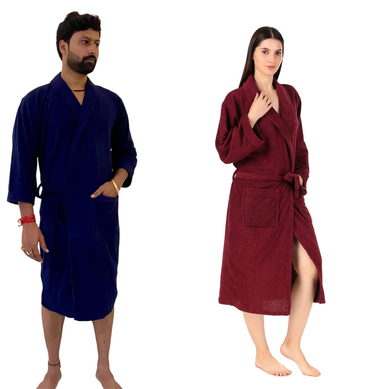 250GSM Full Sleeve Cotton Bathrobe Combo Set 2 Pcs for Men and Women - With Higher Absorbency Suitable for Birthday/Anniversary/Diwali/Couple/wedding Gift Women Maroon Men NavY Blue-picture-26