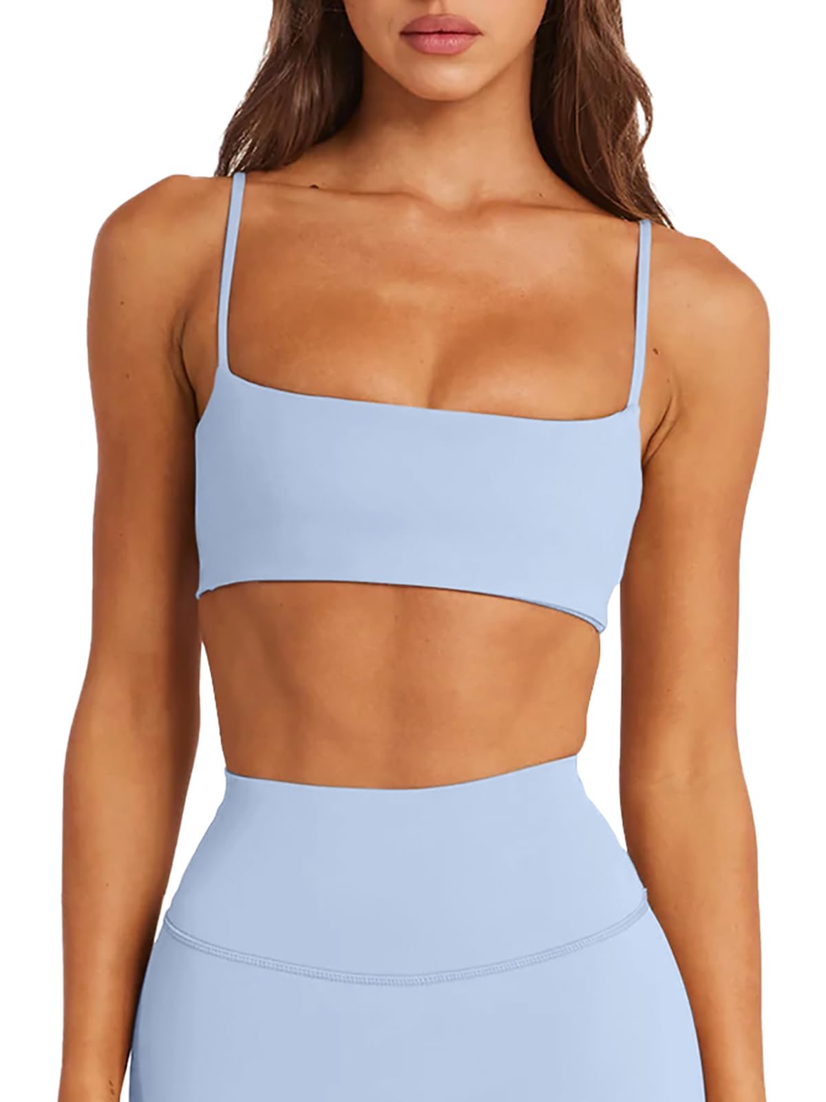 LASLULU Womens Adjustable Spaghetti Straps Sports Bra Square Neck Wireless Padded Workout Yoga Crop Tops