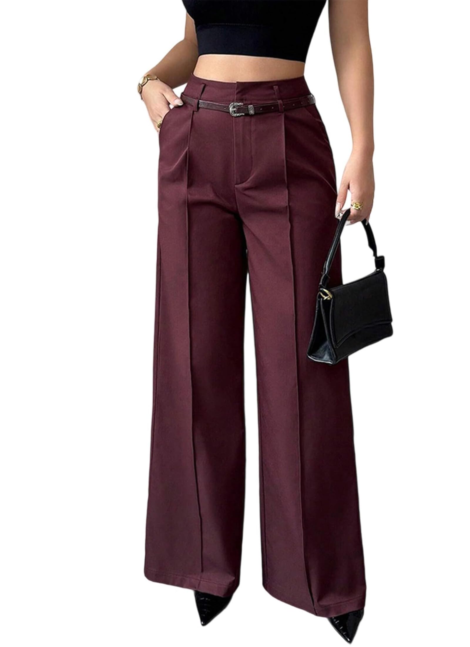 Womens Wide Leg Dress Pants Straight Wide Leg High Waisted Trousers Casual Business Work Slacks with Belt