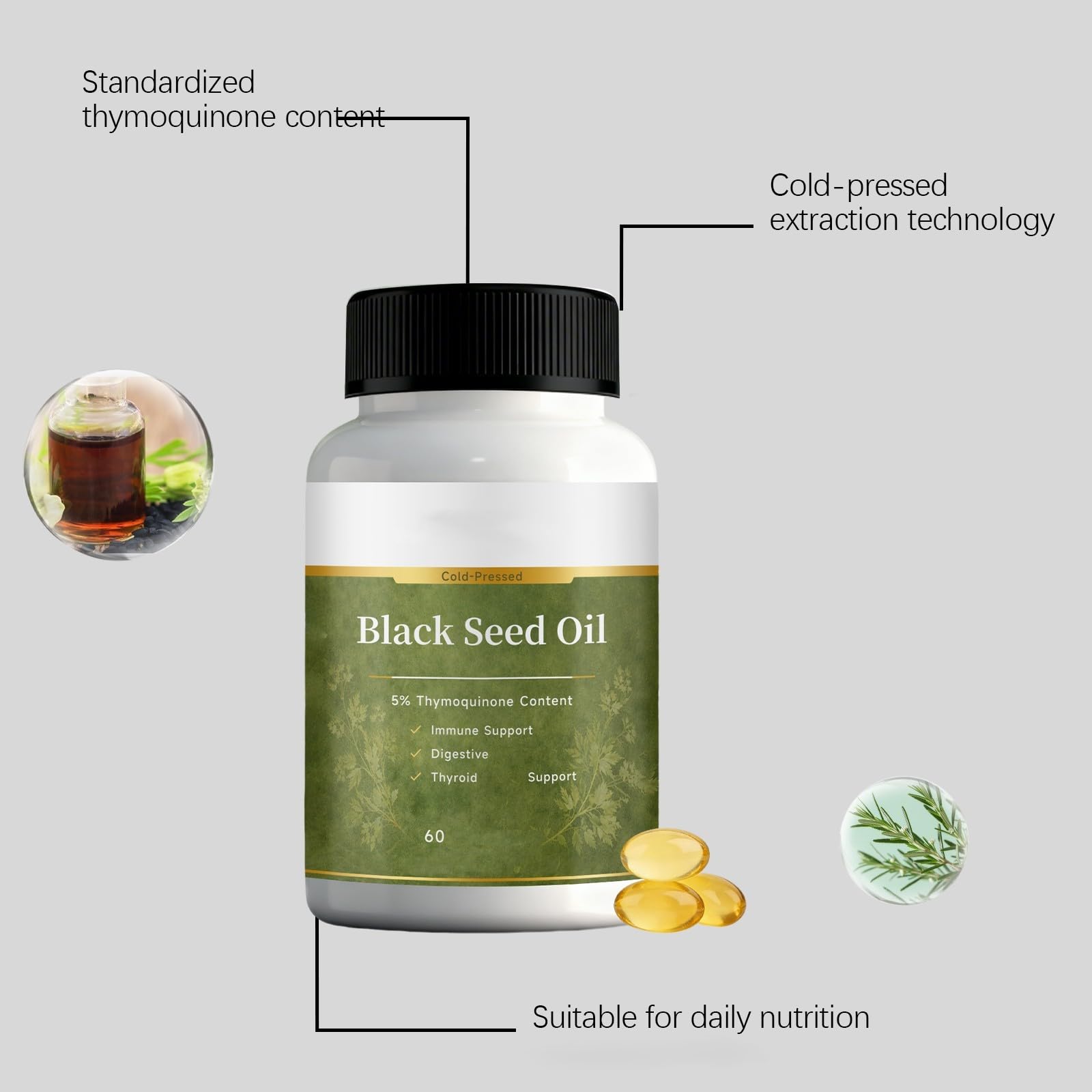Aceite de semilla negra prensado en frío - 5% timoquinona - Apoyo digestivo e inmunológico - Sin gluten sin OGM - 60 unidades,2Pcs