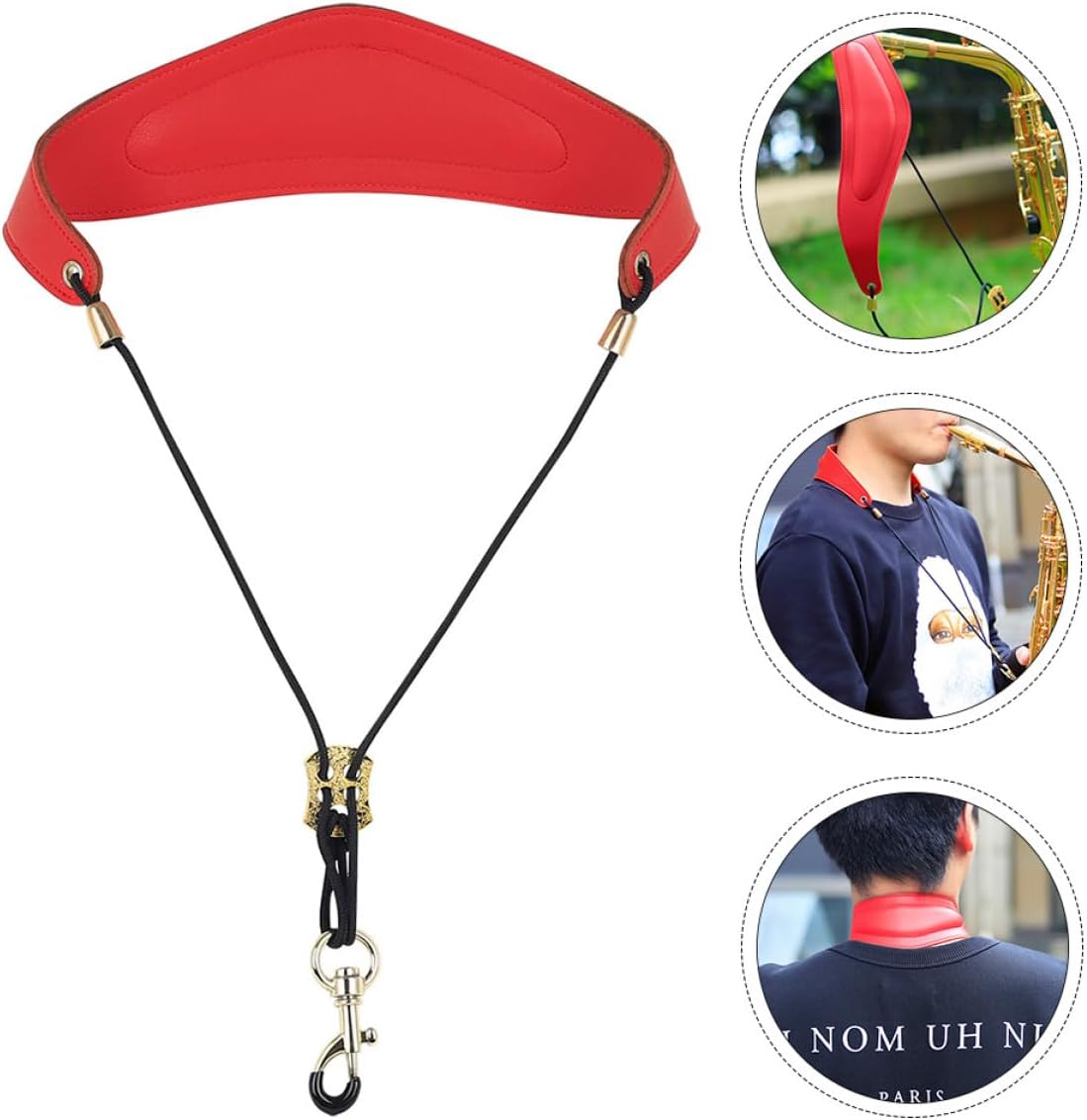 Zerodeko Adjustable Red Leather Saxophone Neck Strap with Cotton Padding and Metal Hook Saxophone Shoulder Belt Accessory Comfortable Wind Instrument Harness