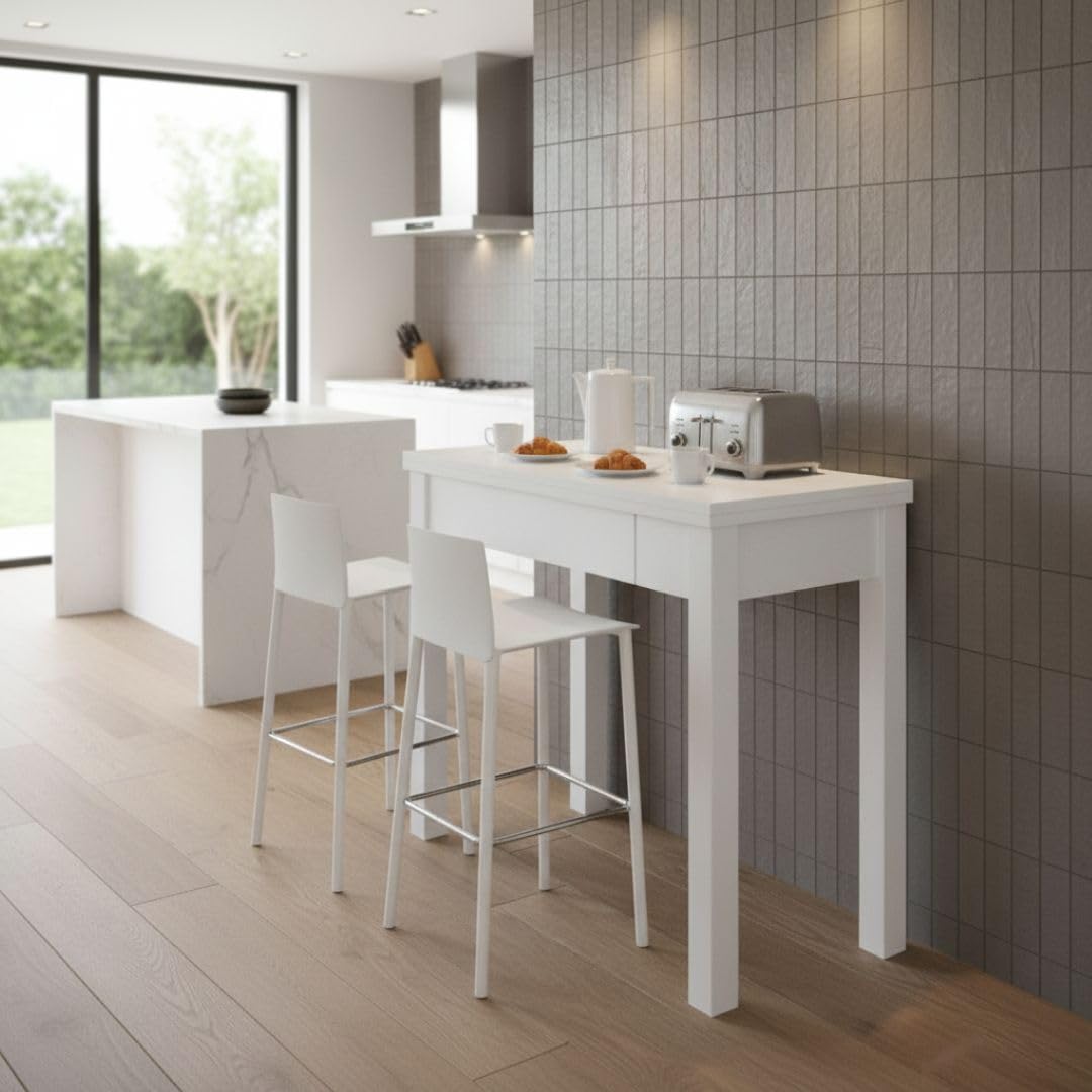 Mesa Cocina Plegable Extensible Cocina - Pequeña con Cajón y Cubertero - Mesa Libro Medidas: 80x40 / 80x80 cm. (Blanco)