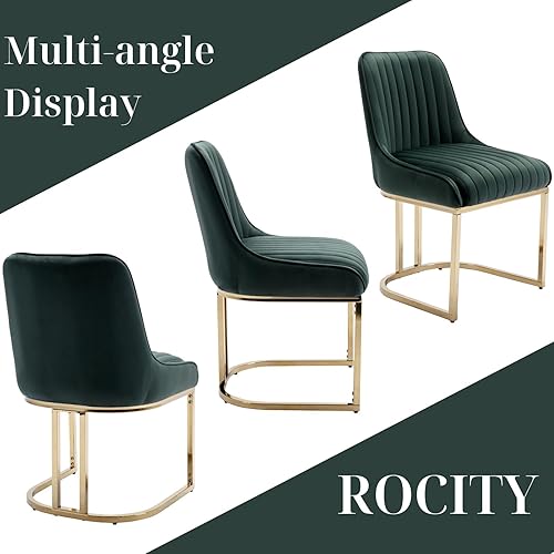 Miniatura 6 de Juego de 2 sillas de comedor de terciopelo tapizadas de color verde con patas doradas, sillas de cocina modernas sin brazos con respaldo