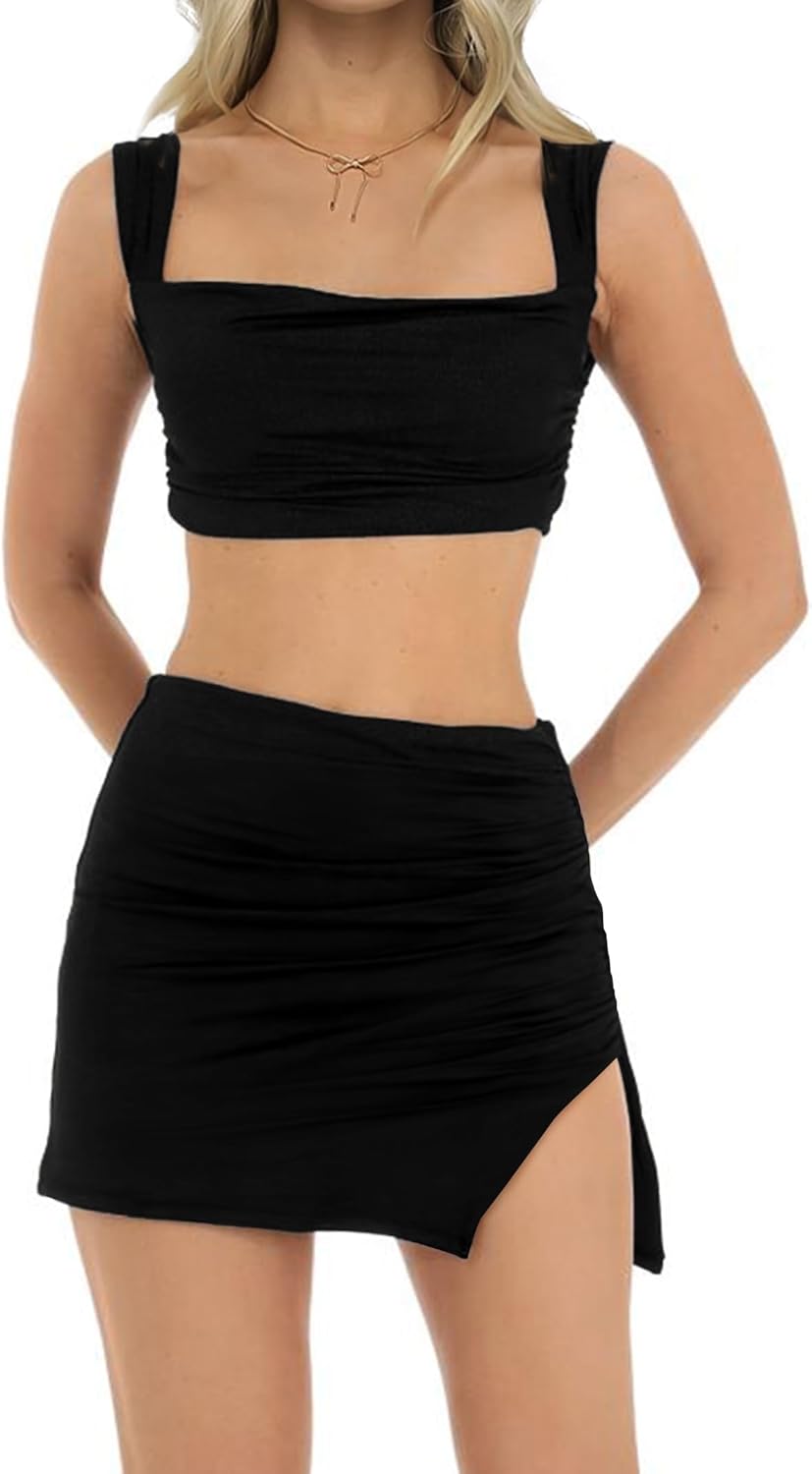 CSDAJIO Summer 2 Piece Outfits for Women Sleeveless Square Neck Crop Top Ruched Strappy Tank and Bodycon Mini Skirt - Image 5