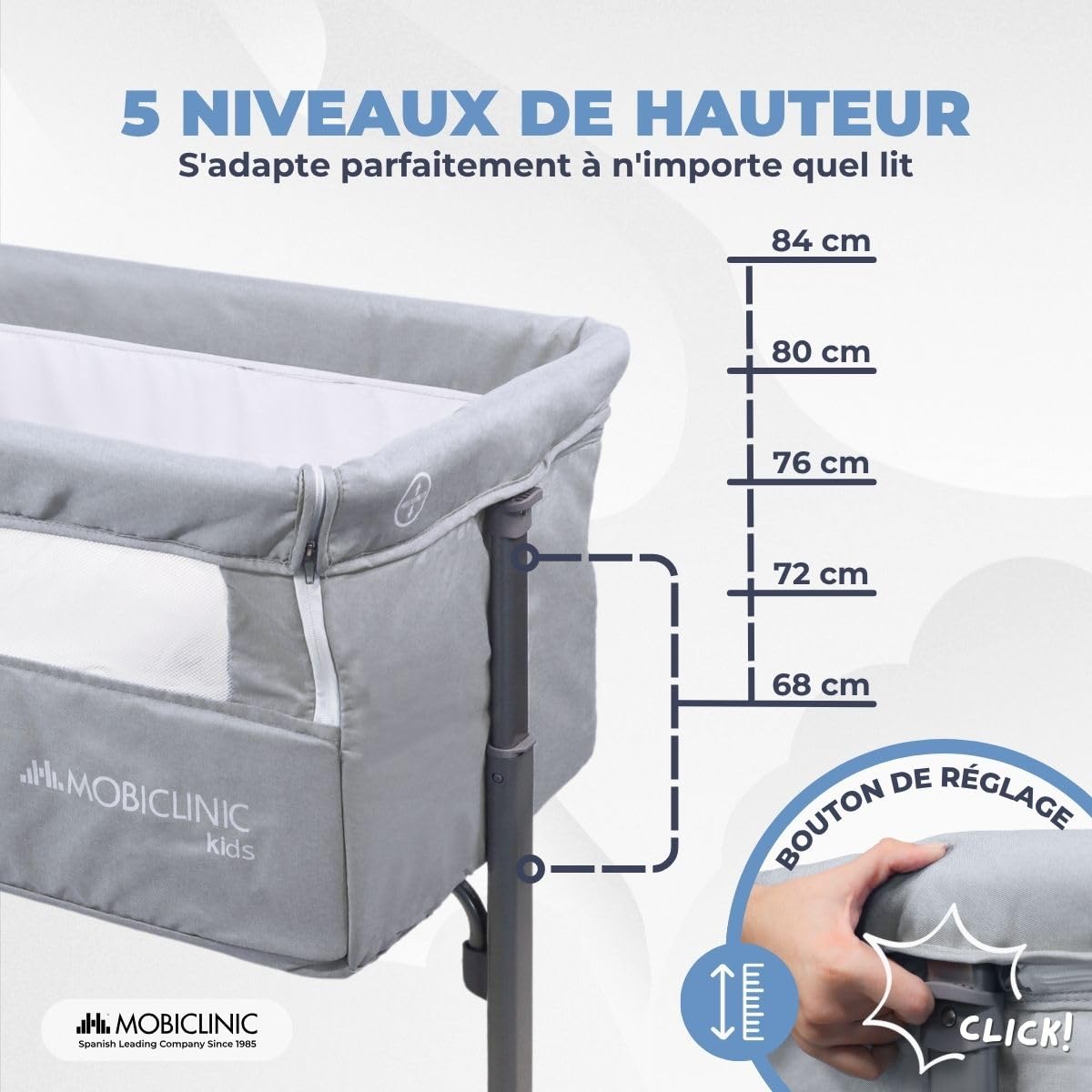Mobiclinic®, Lit bébé cododo, 2 en 1, Système de Fixation au Lit, Réglable 5 hauteurs, Sac Transport, Roues incluses, Maille Respirante, Base rembourrée, Moon