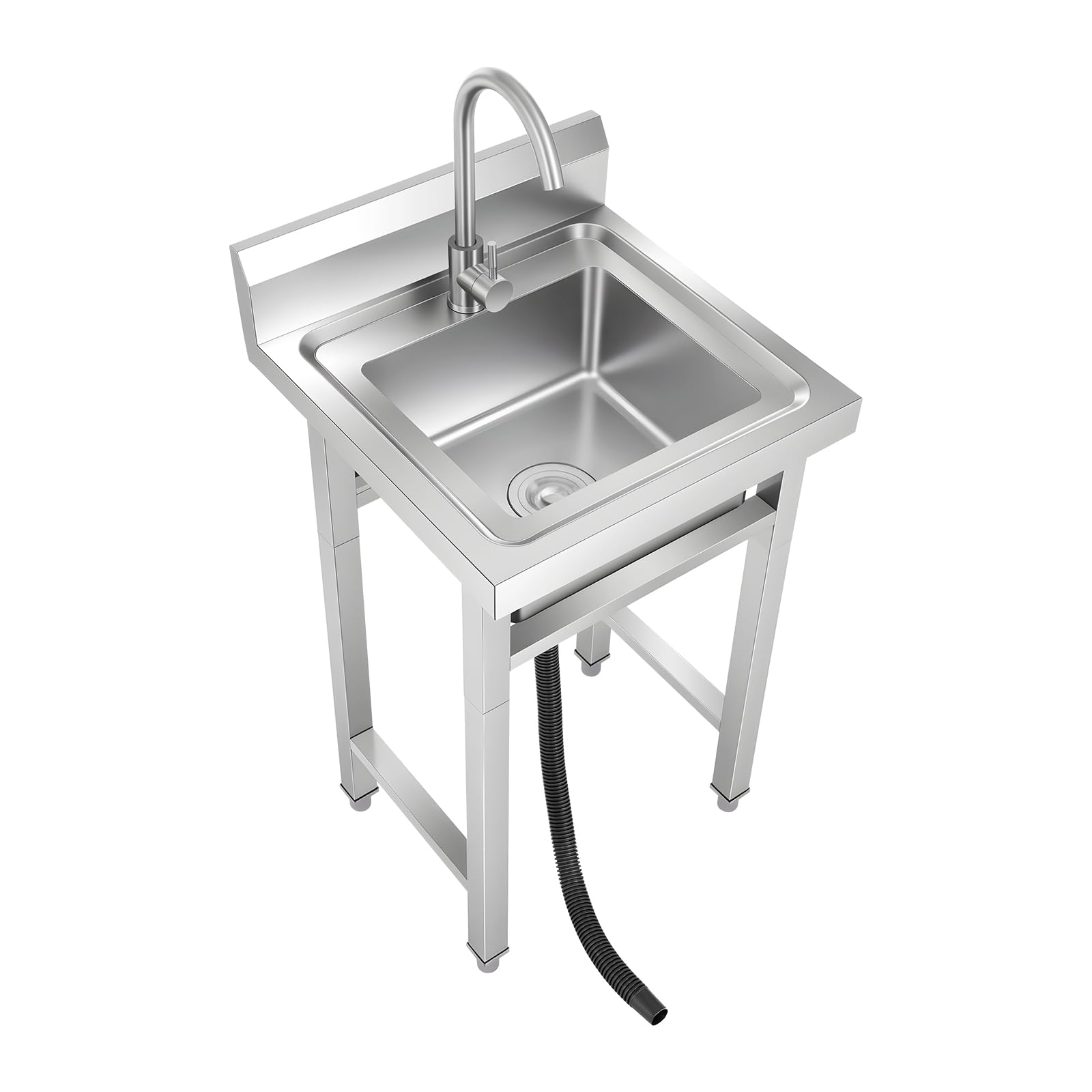Fregadero independiente de 50 x 50 x 93 cm, de acero inoxidable, con grifo de 360°, cesta de filtro y desagüe, para cocina, restaurante, jardín, lavandería