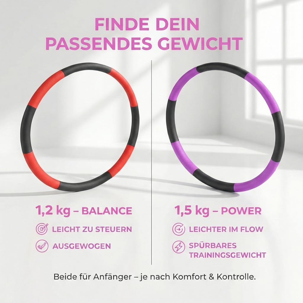 Hula Hoop Reifen Erwachsene [1,2 kg / 1,5 kg] - Größenverstellbar & Stabil - Fitness Reifen zum Abnehmen (Ohne Wellen) - Weicher NBR Schaumstoff für Anfänger & Fortgeschrittene