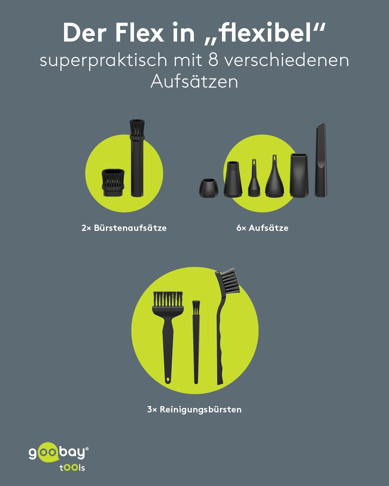 goobay Staubgebläse Superior mit 3 Stufen, 6.000 mAh Akku, 130.000 rpm, bis 110 min Betriebsdauer, inkl. 8 Aufsätze zum Entfernen von Staub auf Tastaturen, im PC, im Sofa, Autointerieur – 77831
