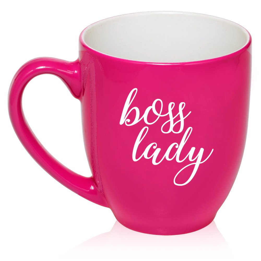 16 oz Large Bistro Mug Ceramic Coffee Tea Glass Cup Boss Lady (Hot Pink)