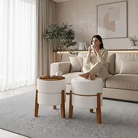 Puff Estilo mesa em Tecido boucle Bege Com Pés em madeira maciça-1uni