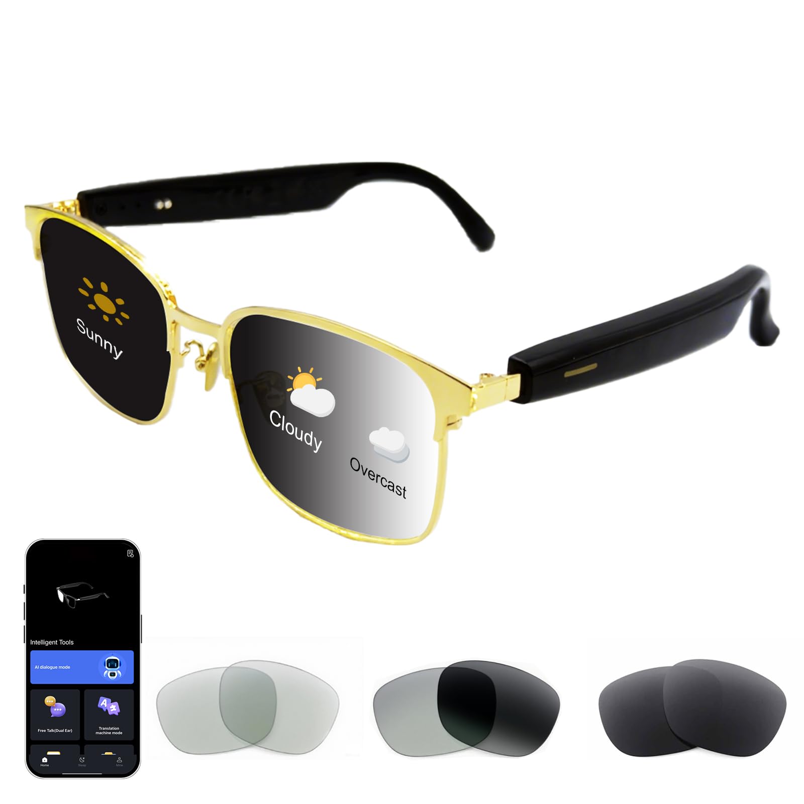 AI translation smart glasses with chat GPT Bluetooth male and female 164 language color changing lenses, 24k gold-plated frame, three types of lenses interchangeable headphones with speaker sunglasses-image-0