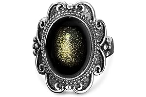 Oval Black Obsidian Crystal Stone Quartz Bohemian Wide Band Ring for Women