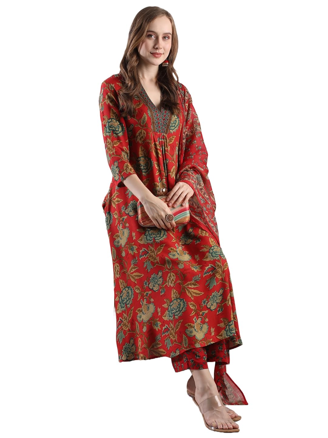 GoSriKi Women’s Rayon Blend Anarkali Printed Kurta with Palazzo & Dupatta