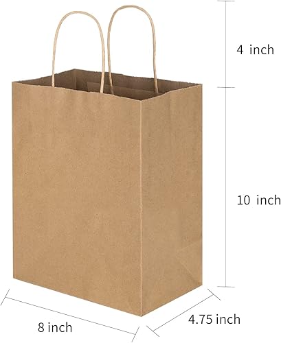 Miniatura 7 de Toovip Paquete de 100 bolsas de papel kraft de 8 x 4.75 x 10 pulgadas, medianas de color marrón liso con asas, a granel, bolsas de envoltura de