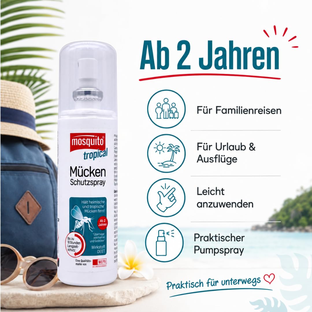 Mosquito tropical Mücken-Schutzspray 100 ml I Insektenschutz mit 50% DEET I für Reise & Outdoor I bis zu 10 h Schutz I für tropische & subtropische Regionen I mit Pharma Perle Duschgel (3, 100ml)