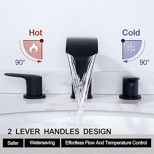 Miniatura 3 de WOWOW Grifo de baño en cascada de 3 agujeros de 8 pulgadas, grifo de lavabo de baño de dos asas, grifos de lavabo con mangueras de drenaje y