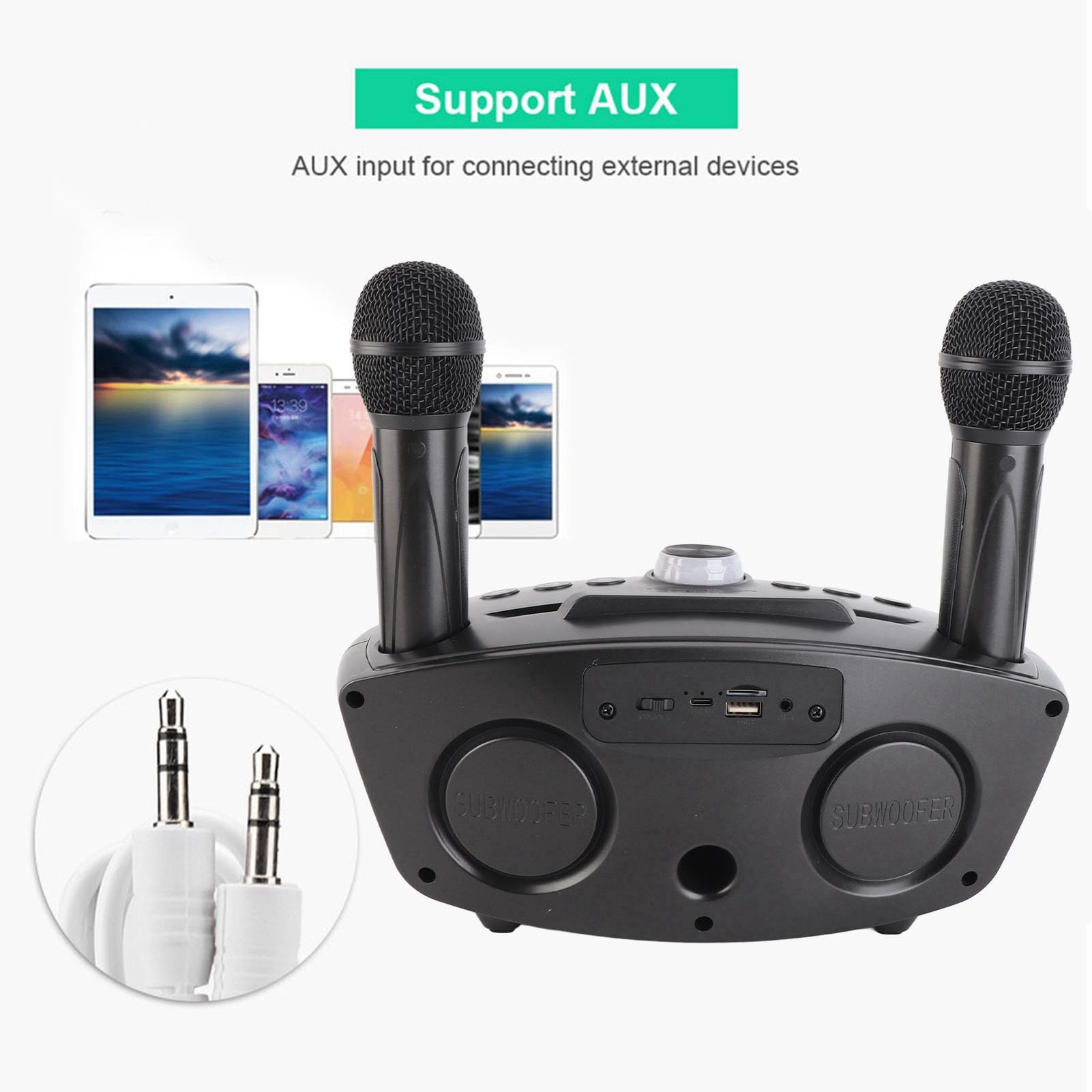 Altavoz Portátil para Karaoke en Casa con Micrófonos Duales, Entrada Auxiliar para Dispositivos Externos, Ideal Reuniones Familiares y Fiestas (Negro)
