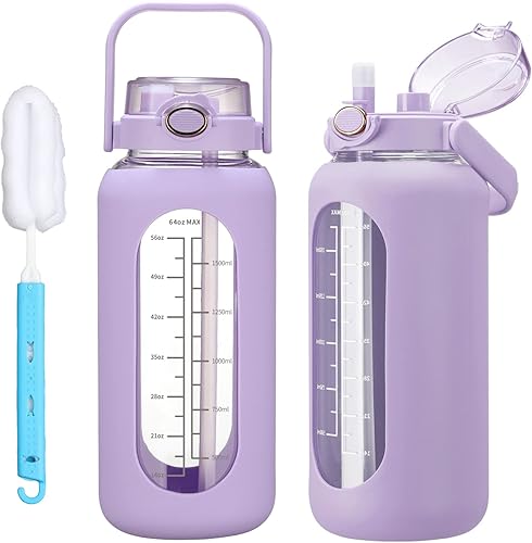 Miniatura 7 de chunmo Pernos de agua de vidrio de 42 oz52 oz64 oz con pajilla, botella de agua motivacional grande de medio galón con marcador de tiempo, botellas