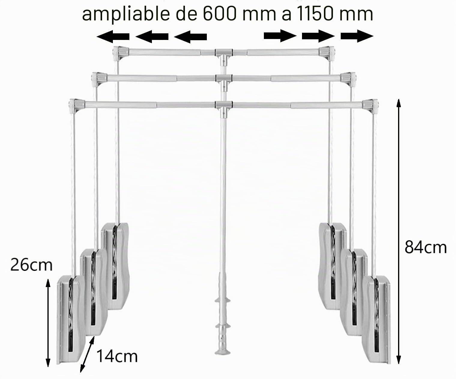 Gedotec Elevador de ropa ajustable, 1 unidad de barra de ropa plegable | Go Up | Plata Cromo – Ancho ajustable 930-1250 mm | Ventilador de ropa plegable | Wardrobelift