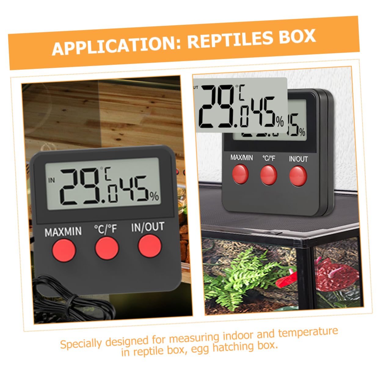 Termómetro Digital para Acuario de Reptiles Medición de Humedad, 2 Juegos | Abs Negro, Soporte Clip Trasero, Superficie Lisa y Bordes Redondeados, para Caja de Cría y Caja de Reptiles