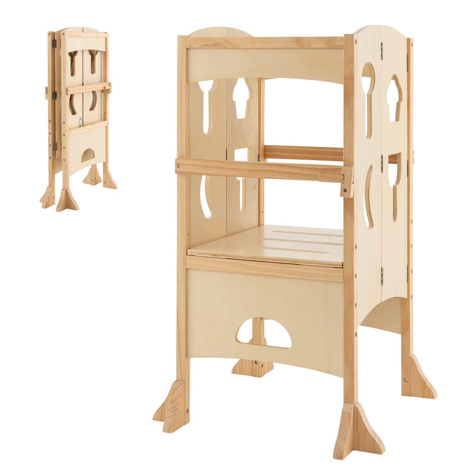 COSTWAY Folding Kids Step Stool, Height Adjustable Toddler Kitchen Helper with Safety Latches and Protective Rail, Wooden Standing Learning Tower for Boys Girls (Natural)