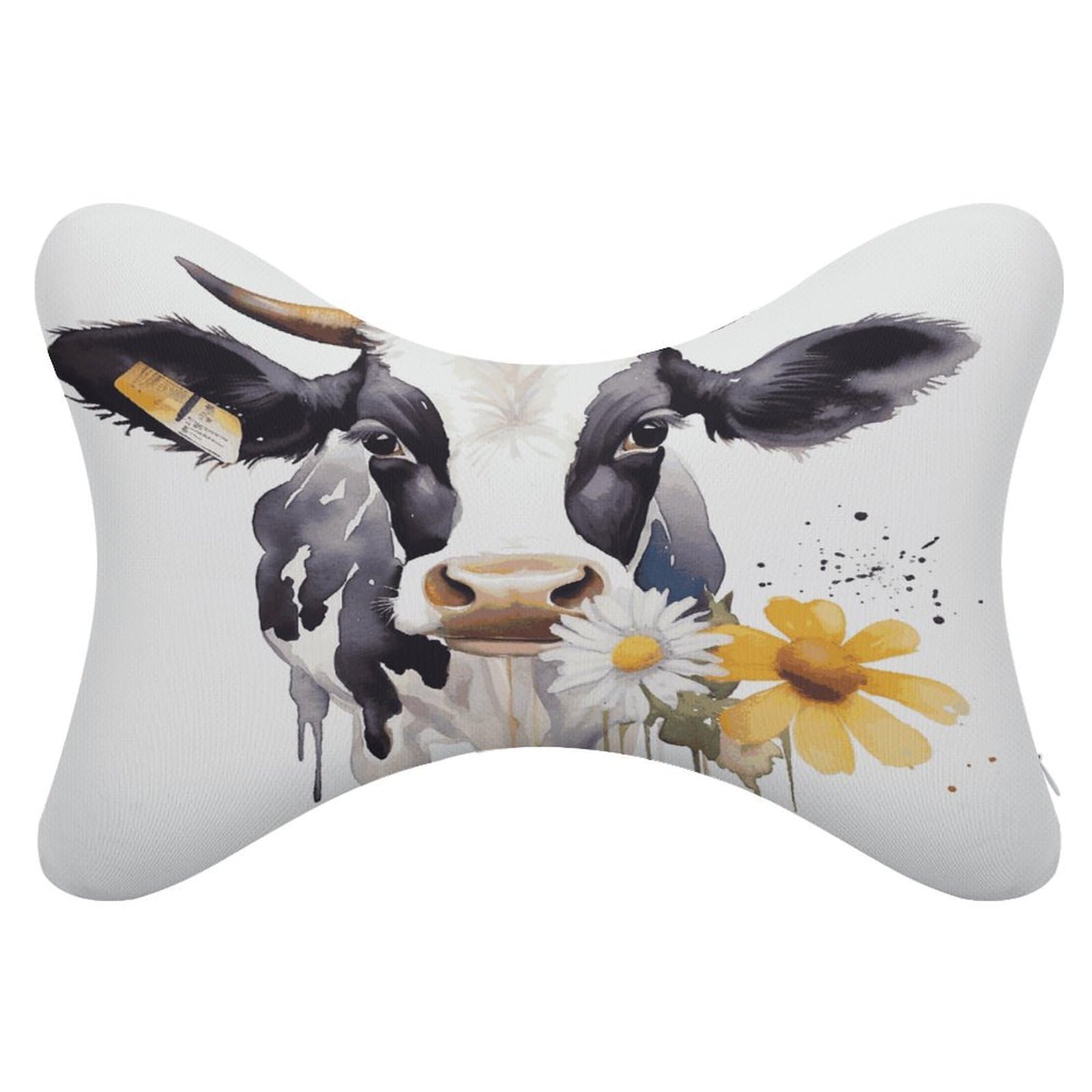 FekiLoot Watercolor Cow and Daisy Flower Car Headrest Set of 2,Softness Memory Foam Car Neck Pillow with Breathable Removable Cover Car Neck Support Pillow Ergonomic for Driving, Office