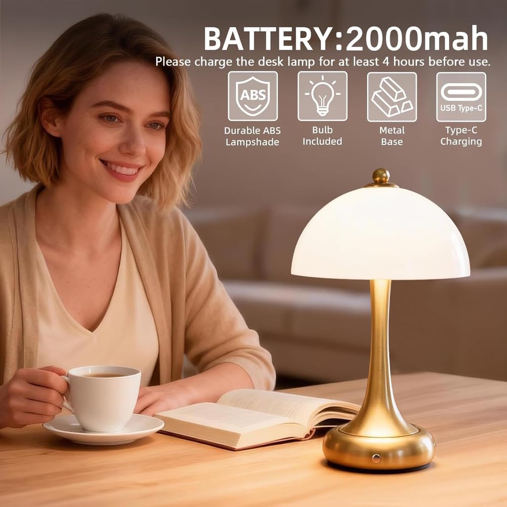 LED Pilz Tischleuchte Gold Akku Dimmbare Tischlampe Touch Kabellos Nachttischlampe Ohne Kabel USB Aufladbar Pilz Lampe Tragbare Tisch Lampe mit Batterie für Drinnen Schlafzimmer Restaurant 2 Stück