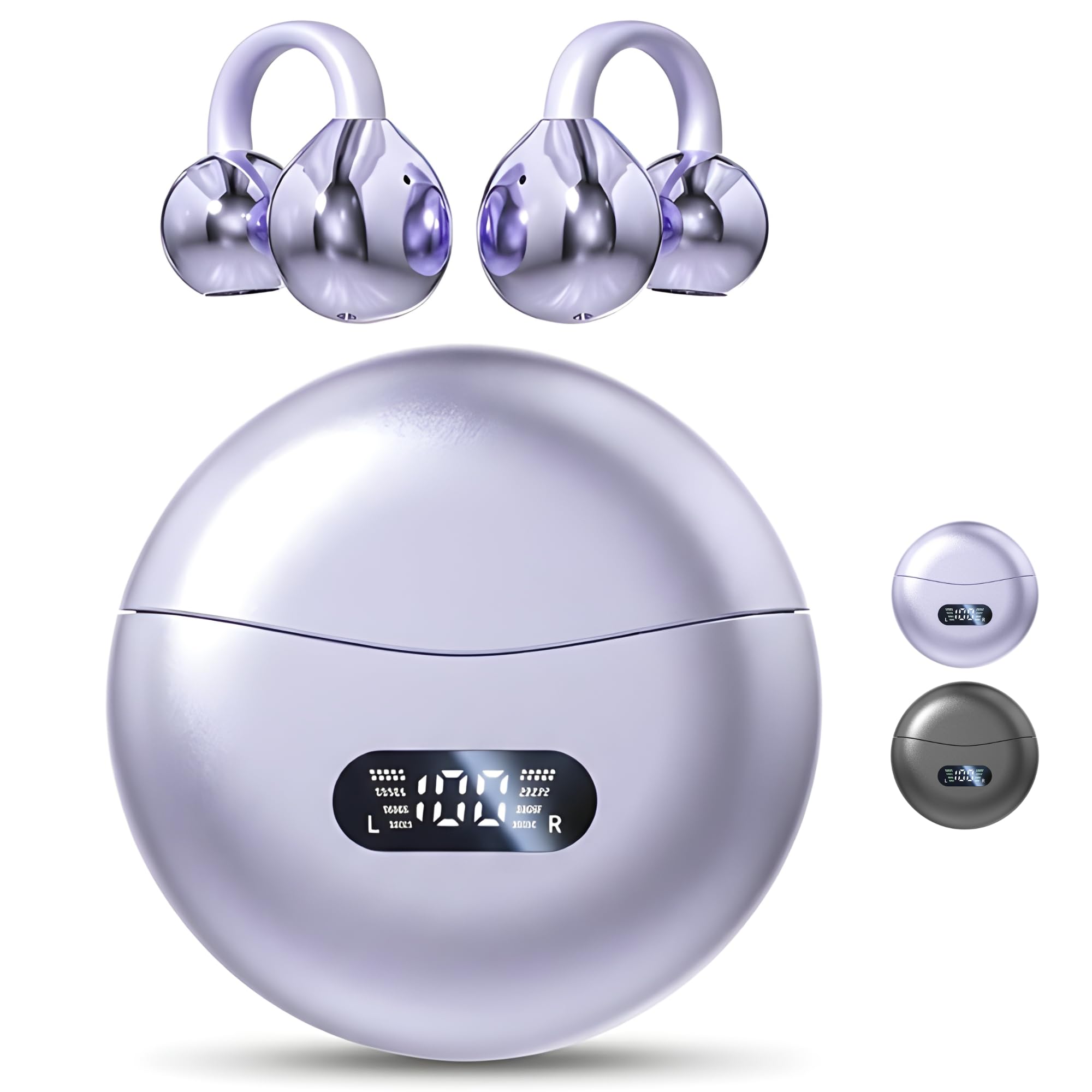 Clip On Earbuds Wireless Bluetooth Headphones with Charging Case & LED Display – Open Ear Clip Earbuds, Waterproof Sports Earphones, Ear Cuff Style Fitness Headphones for Running (Purple)-image-38