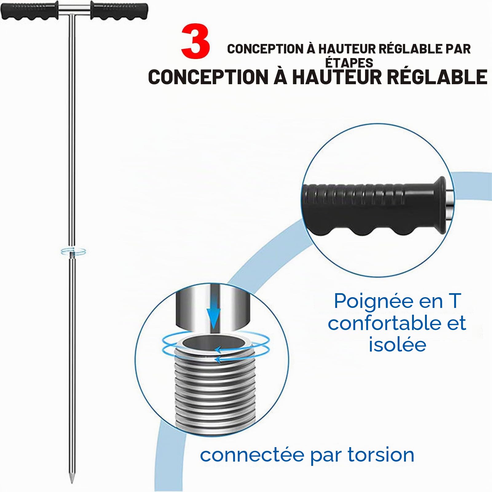 Sonde de Sol, Sondes D'échantillonnage de Sol avec Poignée en T, Pointe Pointue Réglable, Outil de Test D'échantillonnage de Sol en Acier Inoxydable pour L'échantillonnage du Sol, Soins des Plantes