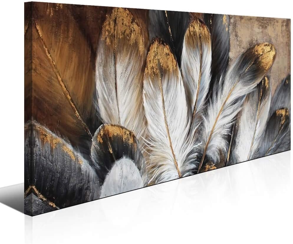 Bird Feather Wall Art Canvas Painting for Bedroom Framed White Golden Abstract Decoration Home Office Living Room Decor Contemporary Artwork