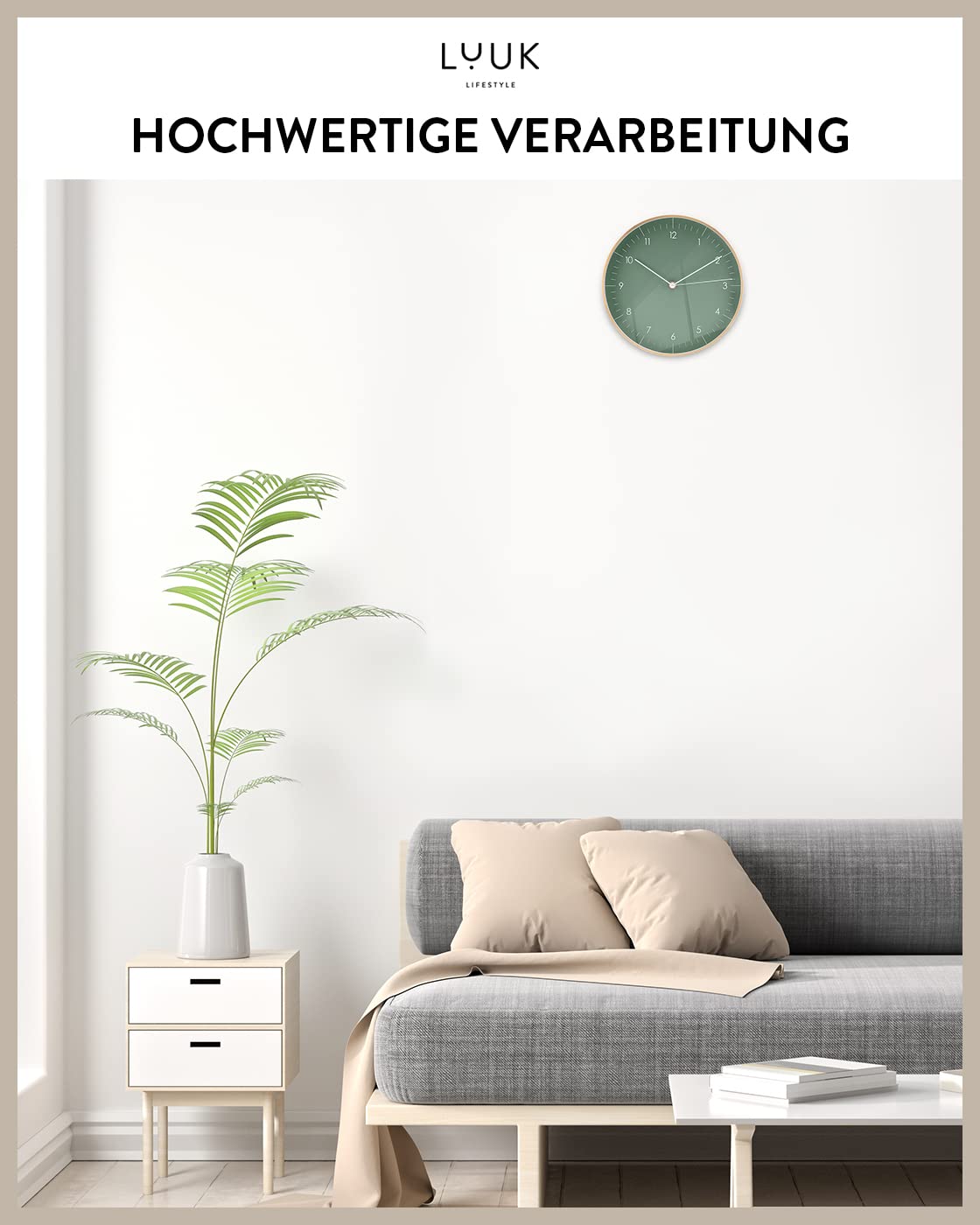 LUUK LIFESTYLE Geräuschlose Wanduhr mit Quarz Uhrwerk, minimalistisch & modern, Deko Geschenk für Einzug, 24cm groß, in grün und Gold