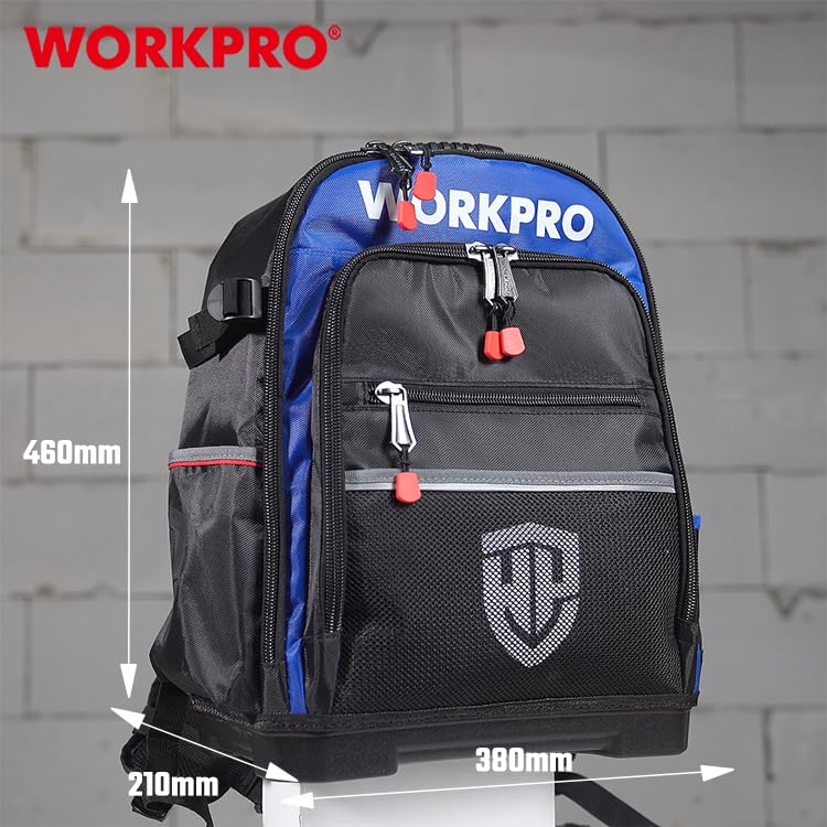 Image of WORKPRO WP281070 25L Tool Backpack, Size: 38 x 21 x 46cm, 36 Pocket Heavy Duty Tool Bag, Waterproof Molded Base, 840D tear-proof Polyester, Heavy Duty Zipper, Professional Tool Storage Backpack