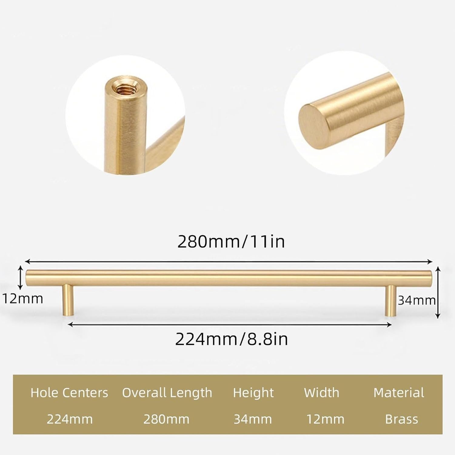 Poignées de meuble laiton doré, 2 pièces, Gold, Hole Centers：224mm/8.8in