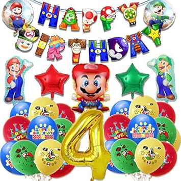 Mario Birthday Party Supplies, Party Decoration Kit, including Birthday Banner Set, Aluminium Film, Latex Balloons, etc. for Boys and Girls Mario Theme Party (Mario 4th Birthday)