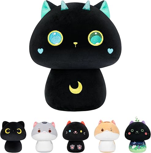 Peluche de hongo, bonita almohada de felpa de gato negro, almohada suave y esponjosa, animales de peluche kawaii, juguetes de peluche, regalo para