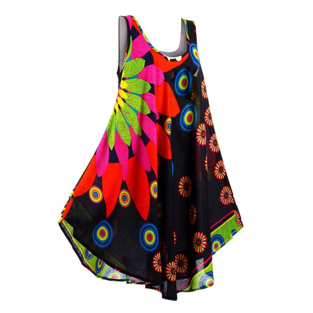 QWUVEDS Vestidos Camiseros Sexy Moda Mujeres Talla Grande Estilo Étnico Estampado Sin Mangas Vestido Casual Vestido Grande Mujer Vestidos
