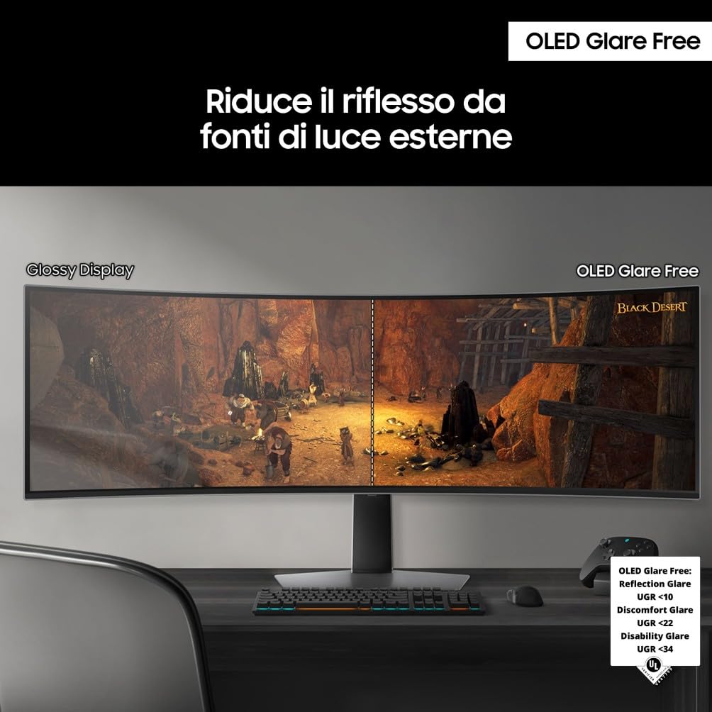 Samsung Monitor Gaming Odyssey OLED G9 (S49DG934), Curvo (1800R), 49'', 5120x1440 (DQHD), 32:9, HDR10+, QD-OLED Glare Free, 240Hz, 0,03ms (GtG), Compatibilità G-Sync, HDMI, Micro HDMI, DP