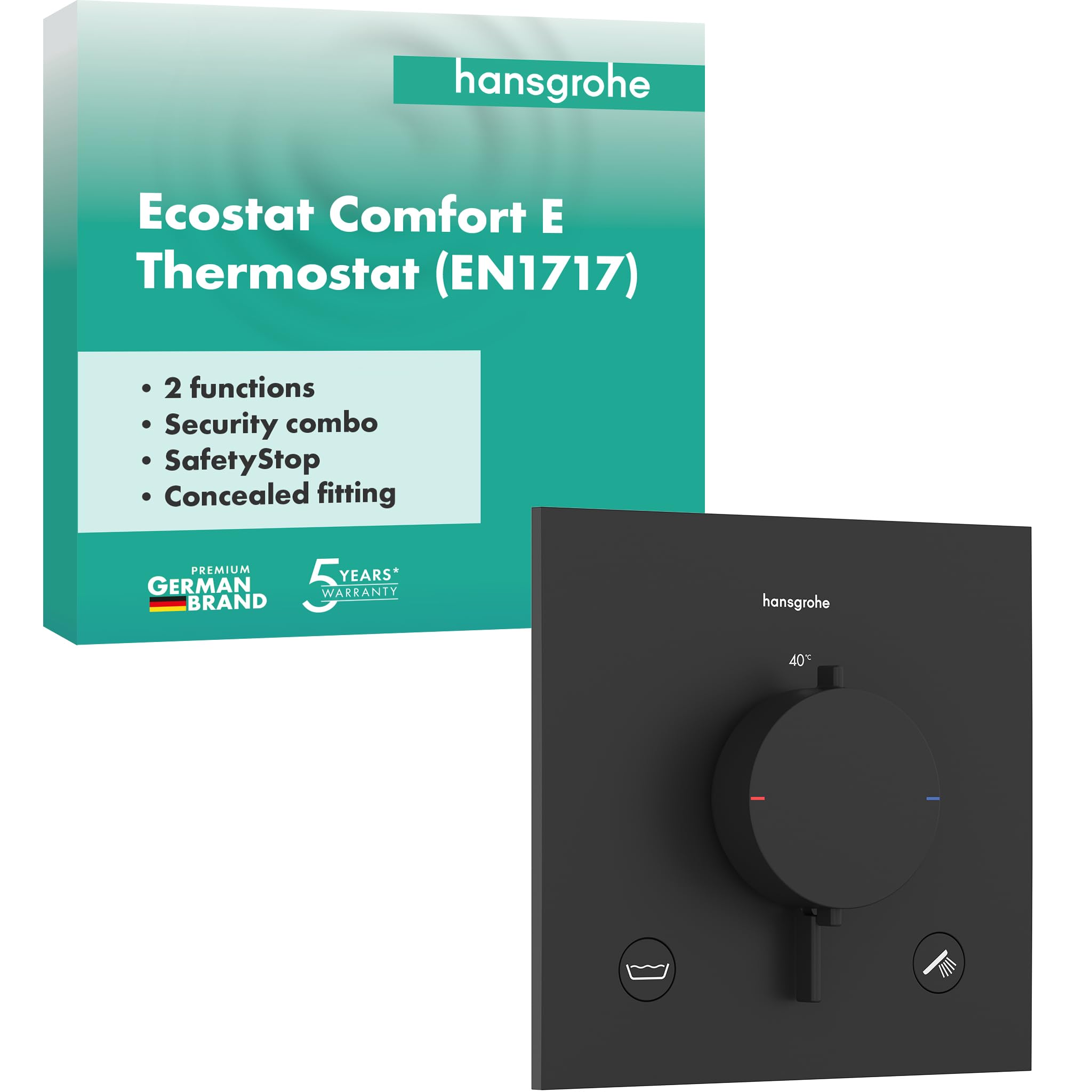 hansgrohe Ecostat Comfort E 33716670 termostat prysznicowy podtynkowy z kombinacją bezpieczników, armatura prysznicowa z blokadą bezpieczeństwa (SafetyStop) w temperaturze 40°C, termostat dla 2