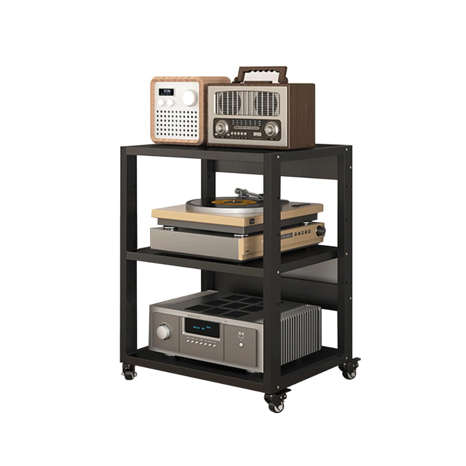 Soporte metálico de Tres Niveles HiFi o Rack con Ruedas, estantes Ajustables, Estilo Moderno, Adecuado para oficinas en casa y televisores, Torre AV Resistente y Duradera (69,5 cm)