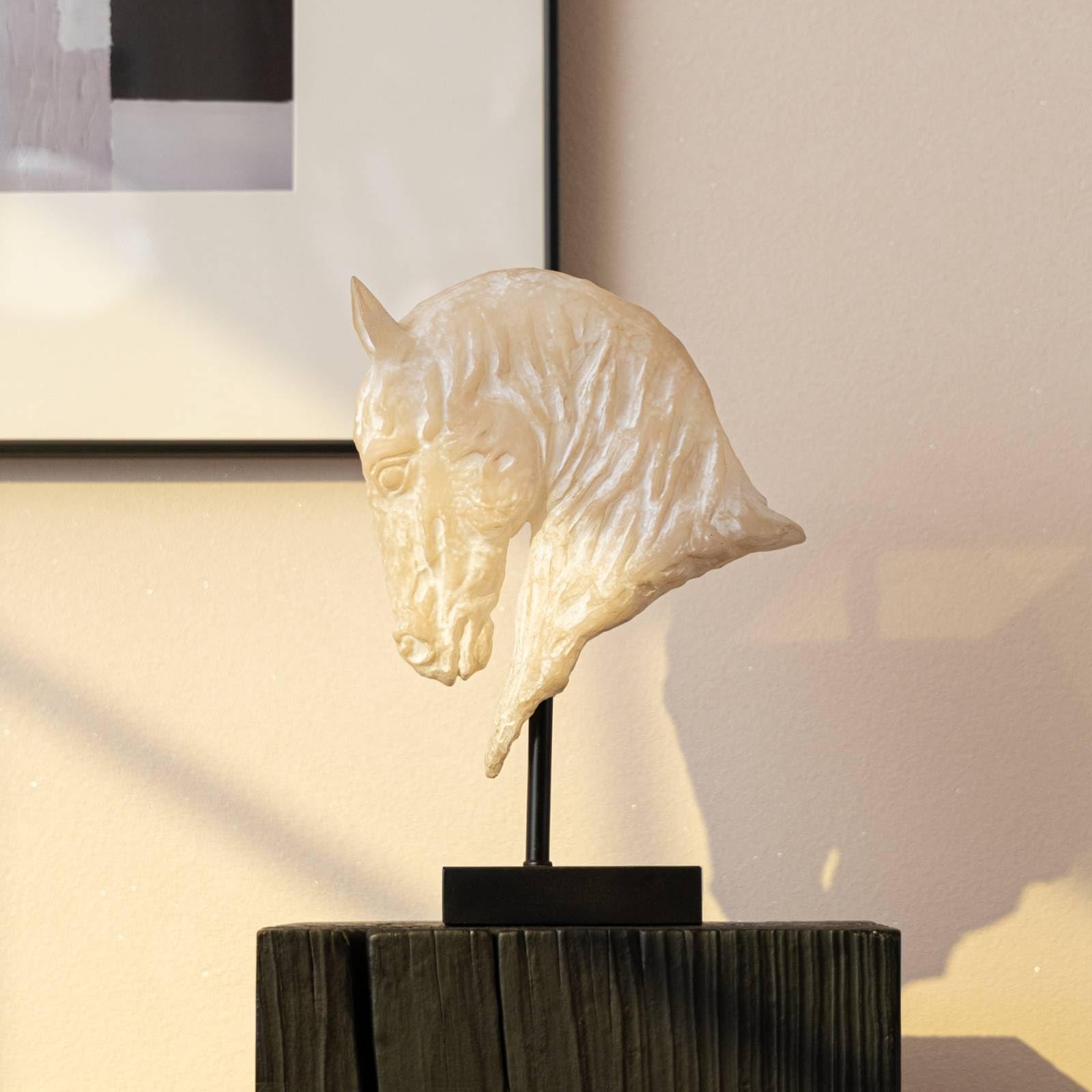 Estatua de Caballo Decorativa Cabeza de Caballo Escultura Figura Adorno de Mesa con Base de Resina y Piedra Acabado Translúcido Imitación Jade