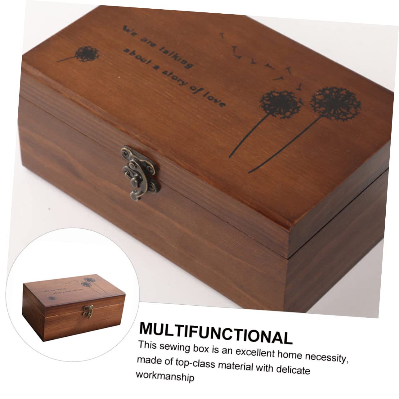 1pieza Caja De Almacenamiento Multifuncional De Madera Para Costura Organizador Retro De Accesorios Para Hogar Para Hilo y Aguja Diseño Grabado y Cerradura Metálica