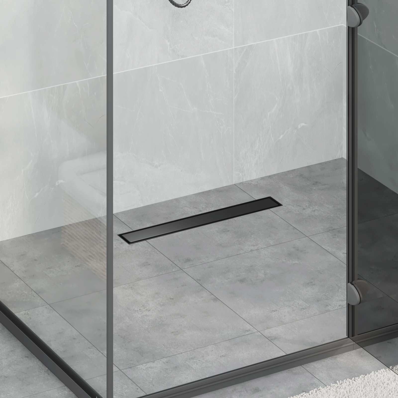 Duschablauf 2-in-1 mit 360° Siphon Schwarz aus Edelstahl 304, 50 cm lang, höhenverstellbar 0-30 mm, fliesenfähig, für Bad und Innenbereich, geruchsverschluss und abfluss mit Zubehör