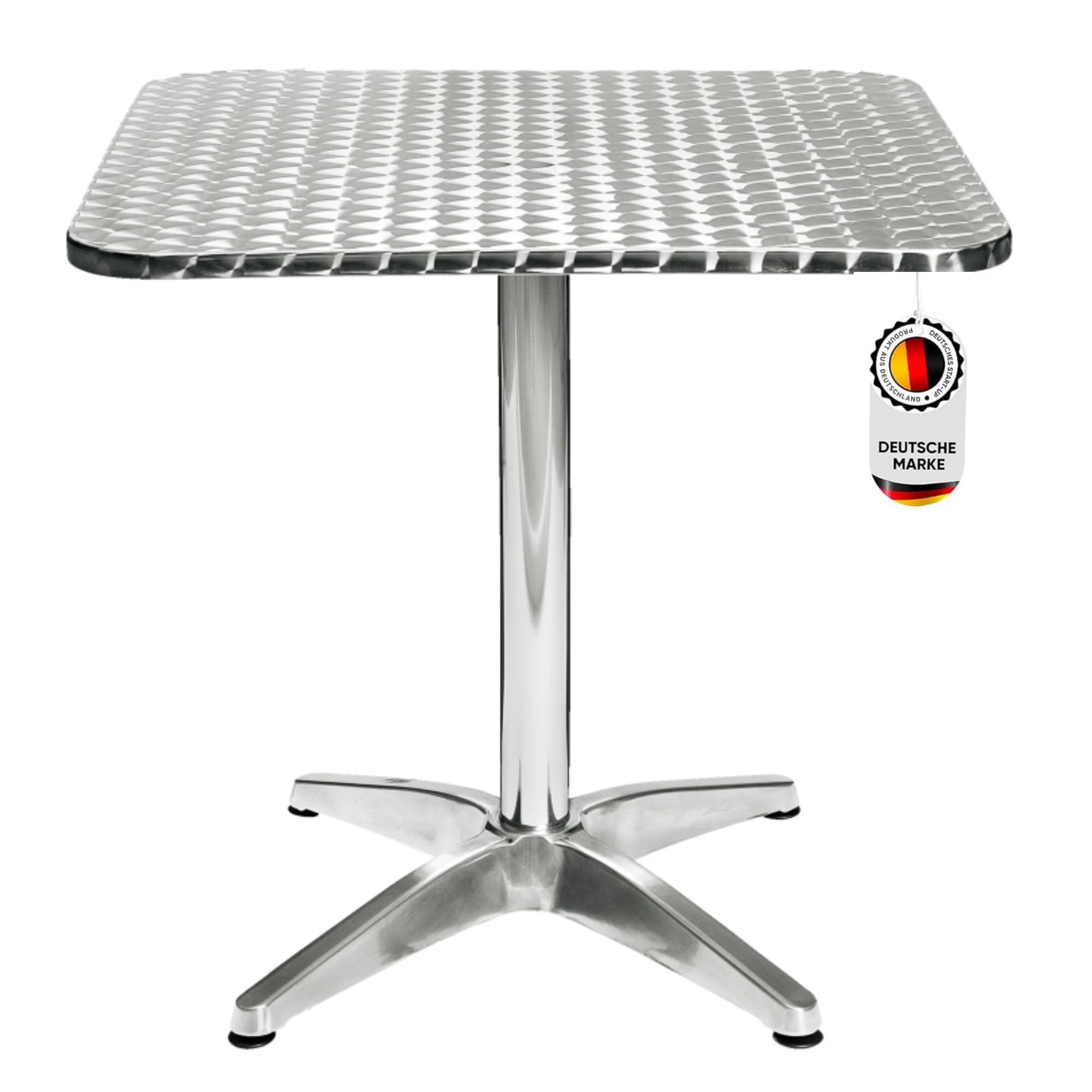 Hochwertiger Bistrotisch aus Aluminium, Eckiger Aluminiumtisch Wetterfest für Garten, Balkon und Terrassen – T80 x B80 x H72cm / Pflegeleichter Gartentisch mit Standfüßen –Silber glänzend Tischplatte
