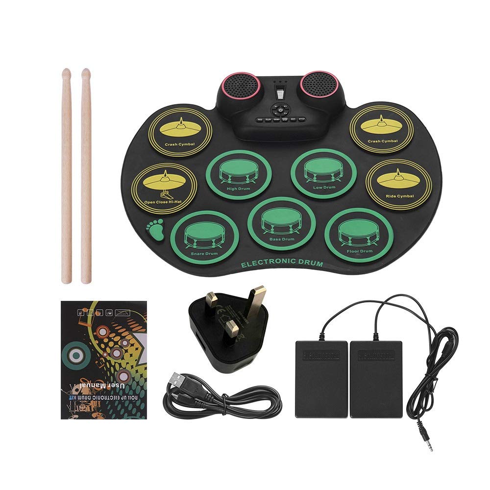 Batteria Elettronica Roll Up Drum Kit Silicone Drum Practice Practice 10 Drumpads Batteria Altoparlante Incorporato con Batteria e Pedali a Piedi Batteria Elettrica