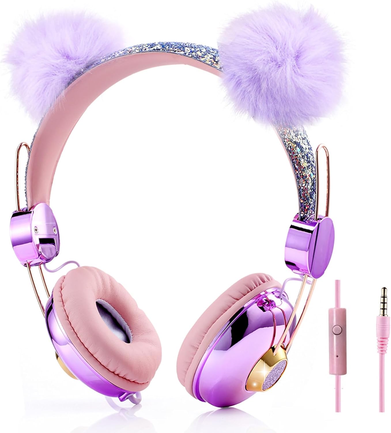 CHTON Kids Headphones for Girls, Cute Bear Ear Headphones with Microphone, 3.5mm Jack Wired Girls Headphones for School/Travel/iPad/Tablet (Pink)