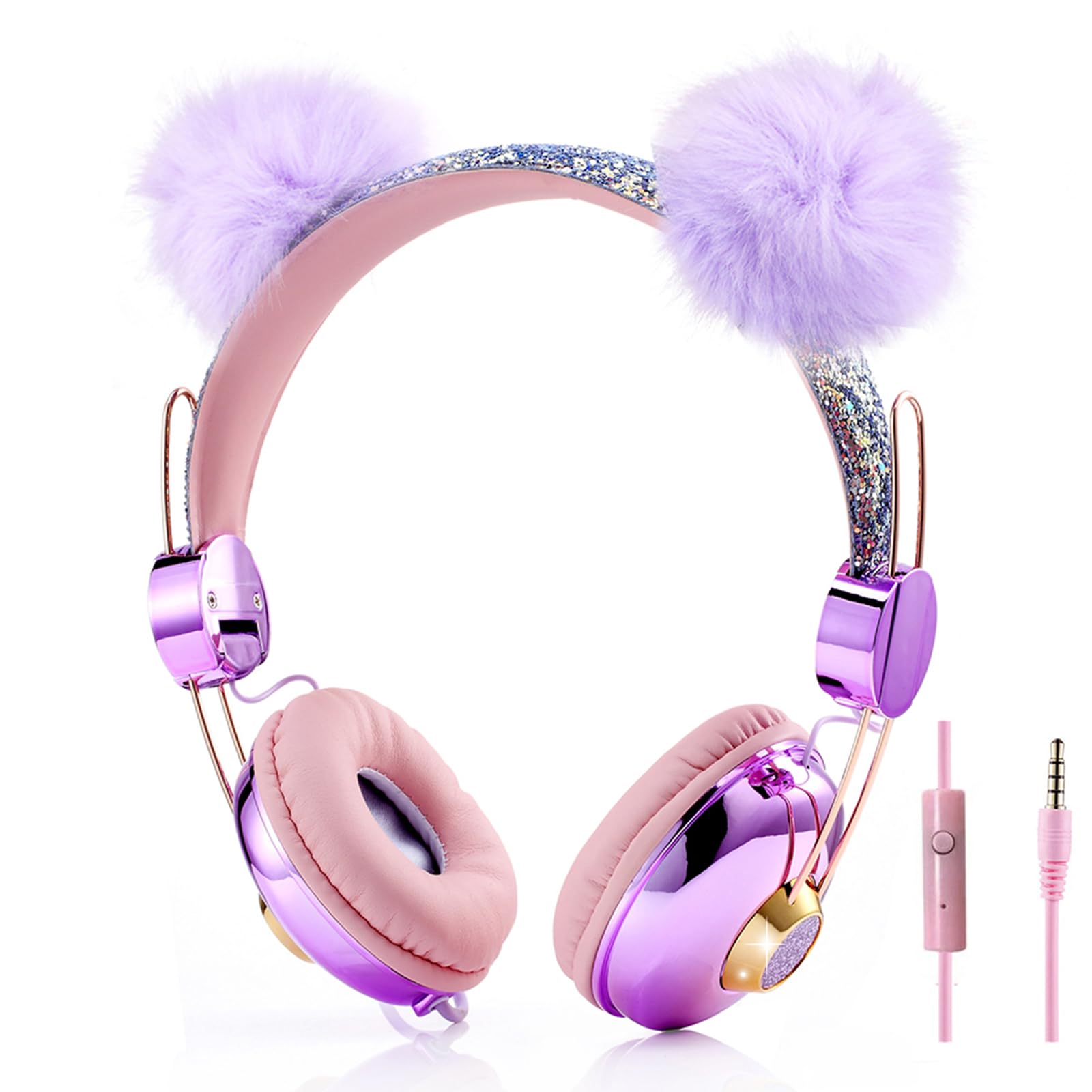 CHTON Cuffie per bambini per ragazze, graziose cuffie a forma di orso, con microfono, jack da 3,5 mm, per scuola/viaggio/iPad/tablet (viola)