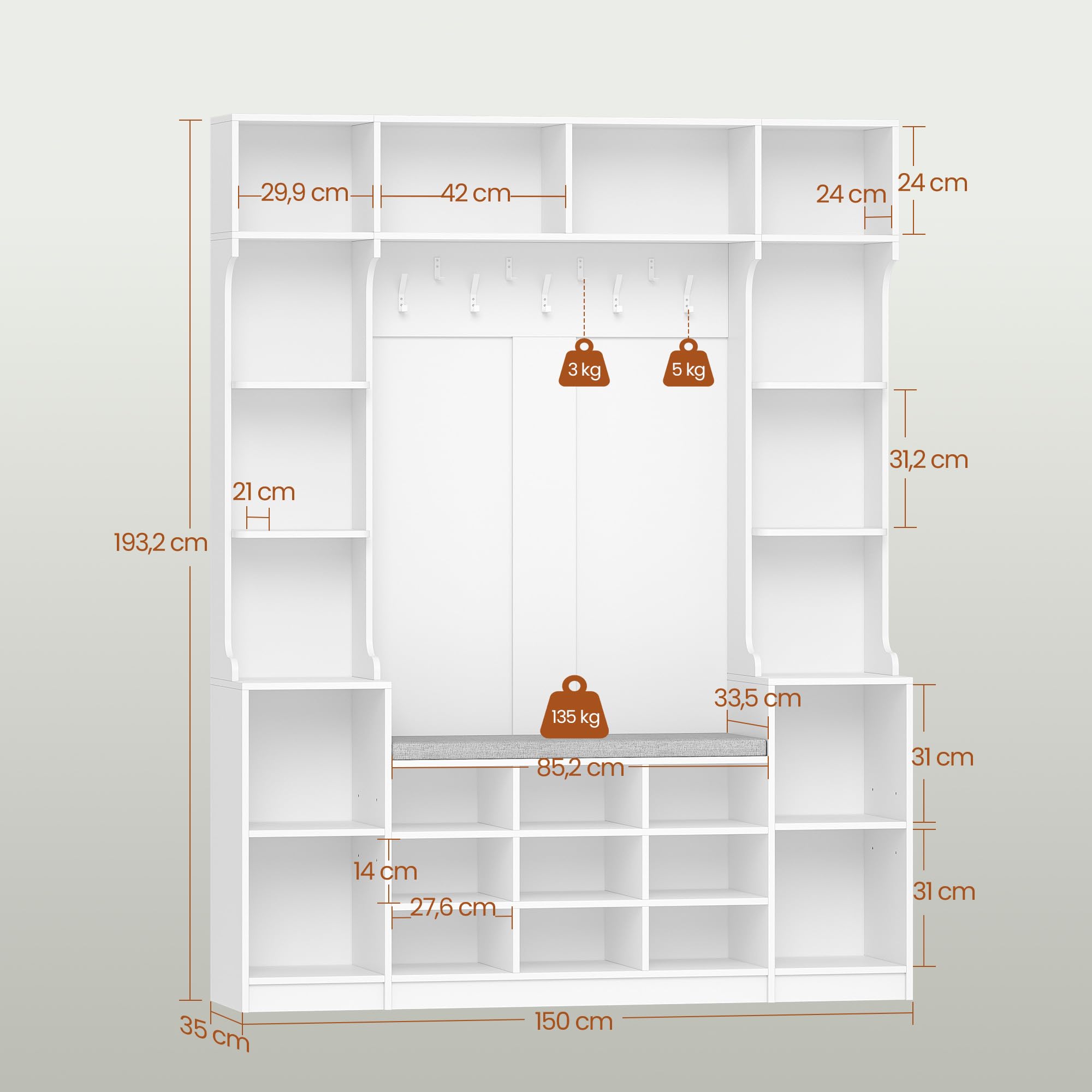 HEXCELEN Garderobenständer mit Schuhbank, 150 x 35 x 193,2 cm, mit 23 Offenen Fächern und 9 Haken, Verstellbare Regalbretter, für Flure, Eingangsbereiche, Wohnzimmer, Weiß